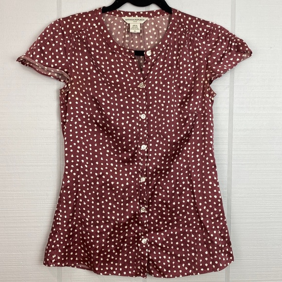 Banana Republic Purple Plum White Polka Dot Silk Short Cap Sleeve Button Up Top - Picture 1 of 4
